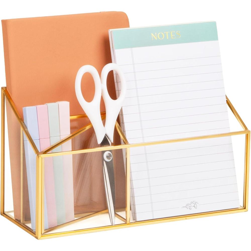 imageMind Reader Vertical Glass File Holder with Copper Trim Angled Magazine Organizer for Documents Folders amp Mail Glass and Copper Clear98 x 39 x 55