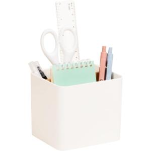 Mind Reader 2-Compartment Desktop Organizer, Removable Wood Divider, Non-Slip Base, Plastic and Wood, White