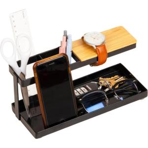 Mind Reader Desktop Organizer, Steel and Wood Desktop Dock, Catchall Tray for Phone, Wallet, Watch, Keys, Black(Black)