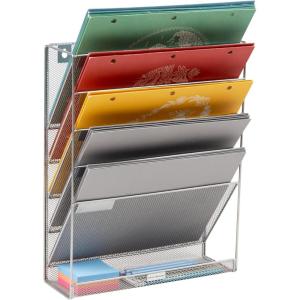 Mind Reader Metal Wire Desktop Organizer, Vertical File Holder, Hooks and Storage Tray, Wall Mount or Desktop, Metal, Black(Silver)