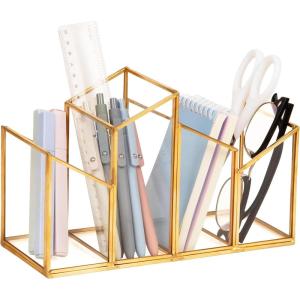 Mind Reader Vertical Glass File Holder with Copper Trim, Angled Magazine Organizer for Documents, Folders & Mail, Glass and Copper, Clear(9.5″ x 3.9″ x 5.9″)