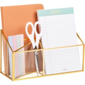Mind Reader Vertical Glass File Holder with Copper Trim, Angled Magazine Organizer for Documents, Folders & Mail, Glass and Copper, Clear(9.8″ x 3.9″ x 5.5″)