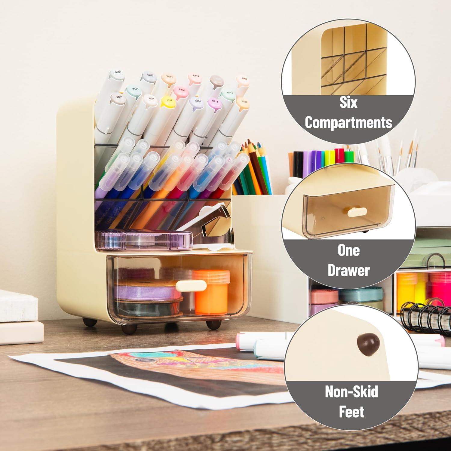 imageMind Reader Compact Craft Supply Organizer with Drawer 6 Slanted Compartments NonSkid Feet Desktop Storage for Markers Pens Tools amp Art Essentials Plastic White