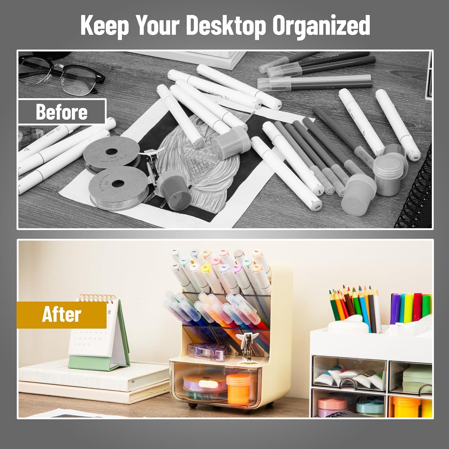 imageMind Reader Compact Craft Supply Organizer with Drawer 6 Slanted Compartments NonSkid Feet Desktop Storage for Markers Pens Tools amp Art Essentials Plastic White