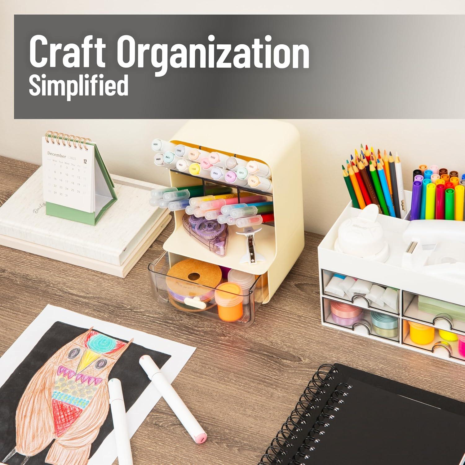 imageMind Reader Compact Craft Supply Organizer with Drawer 6 Slanted Compartments NonSkid Feet Desktop Storage for Markers Pens Tools amp Art Essentials Plastic White