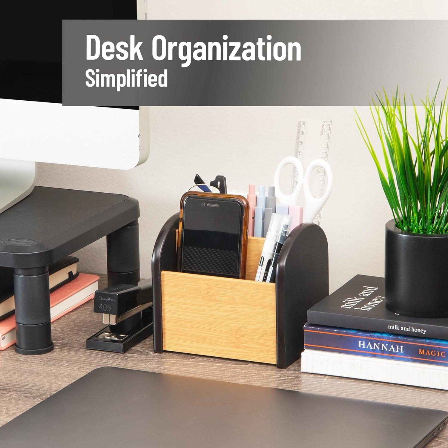imageMind Reader Desktop Organizer with 3 Compartments Natural Wood and Matte Finish Sides Compact Desk Storage Wood WhiteBlack