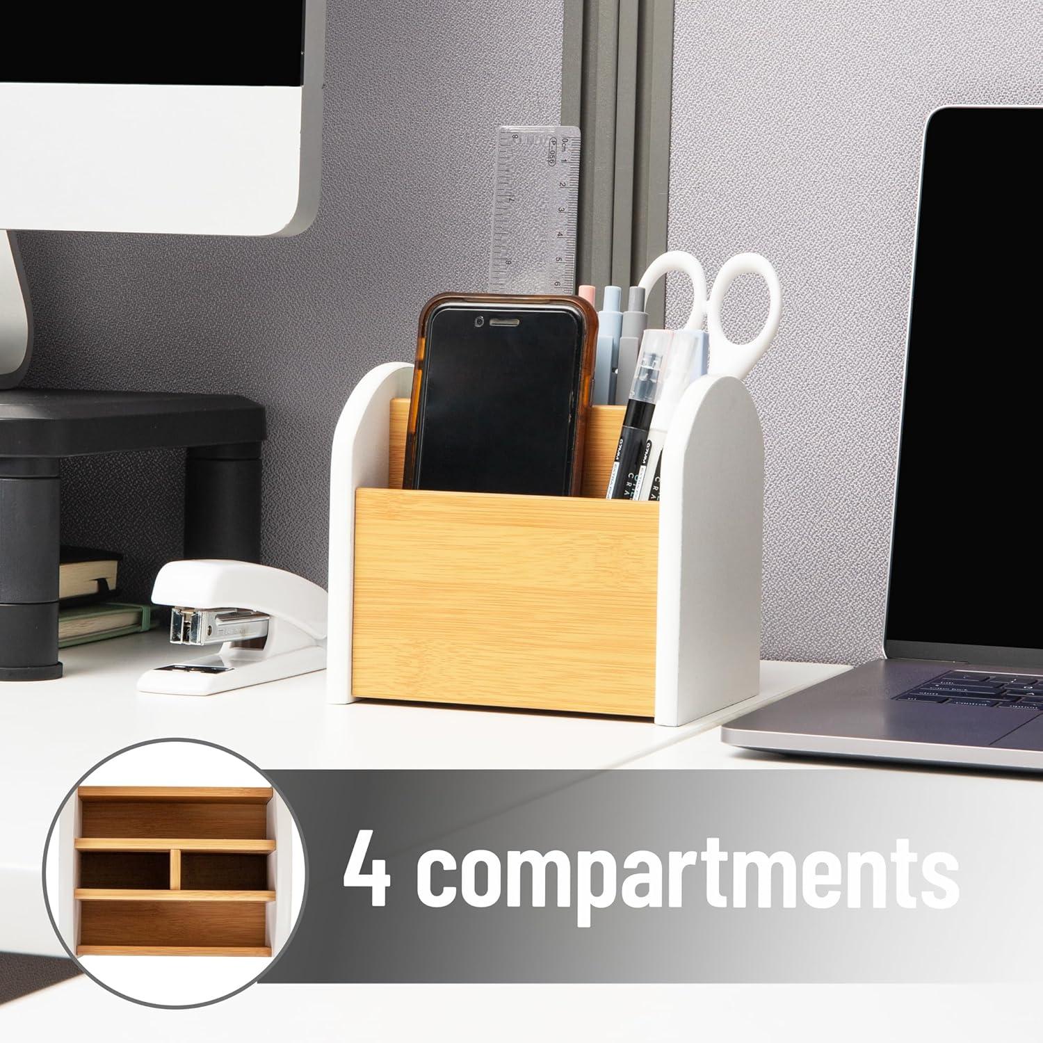 imageMind Reader Desktop Organizer with 3 Compartments Natural Wood and Matte Finish Sides Compact Desk Storage Wood WhiteWhite