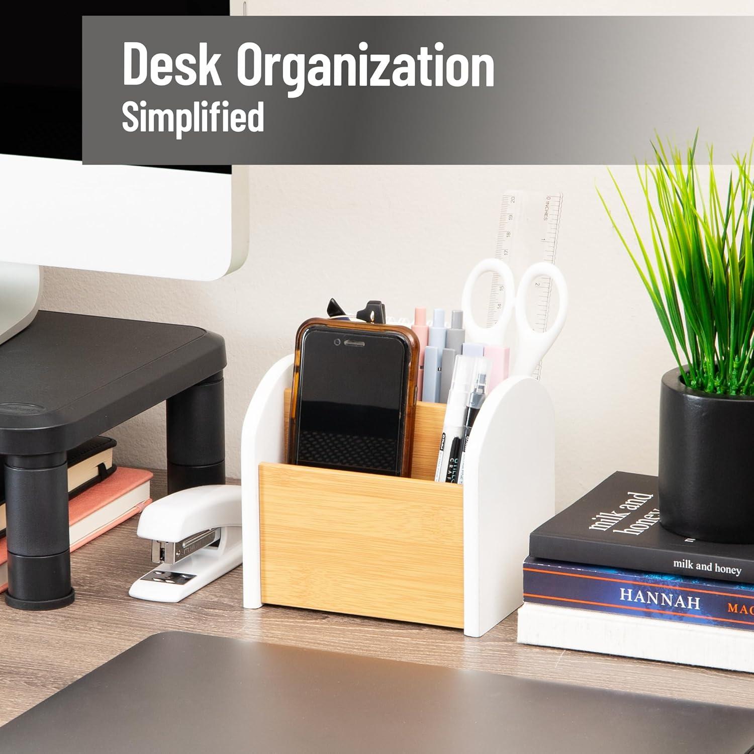 imageMind Reader Desktop Organizer with 3 Compartments Natural Wood and Matte Finish Sides Compact Desk Storage Wood WhiteWhite