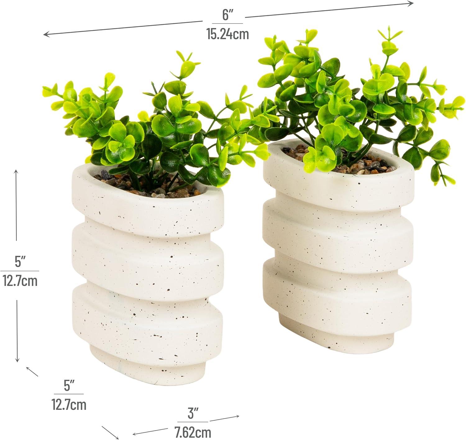 imageMind Reader Ribbed Cement Planter Bookends Faux Greenery for Shelves and Desk Decor Set of 2 White