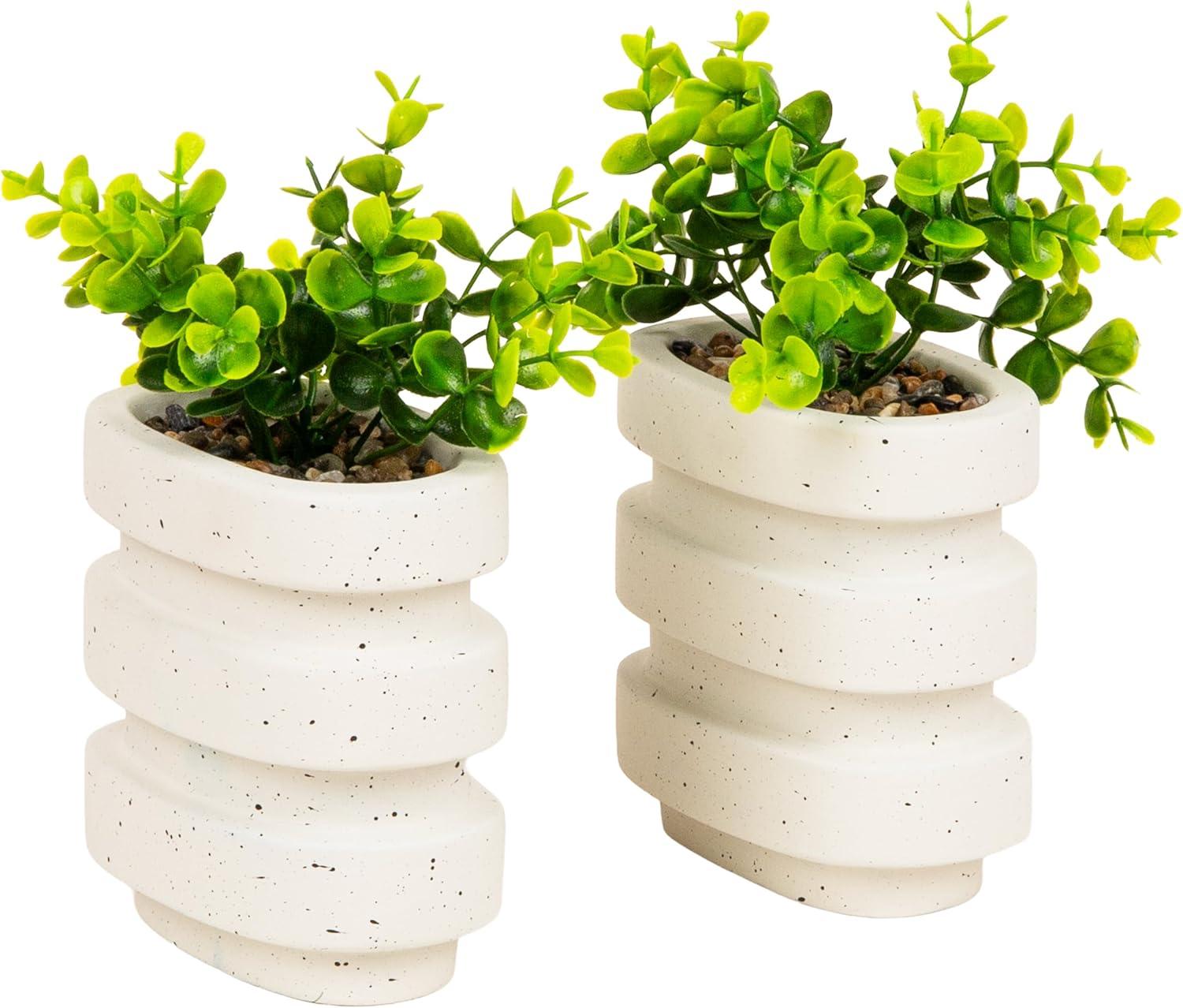 imageMind Reader Ribbed Cement Planter Bookends Faux Greenery for Shelves and Desk Decor Set of 2 White