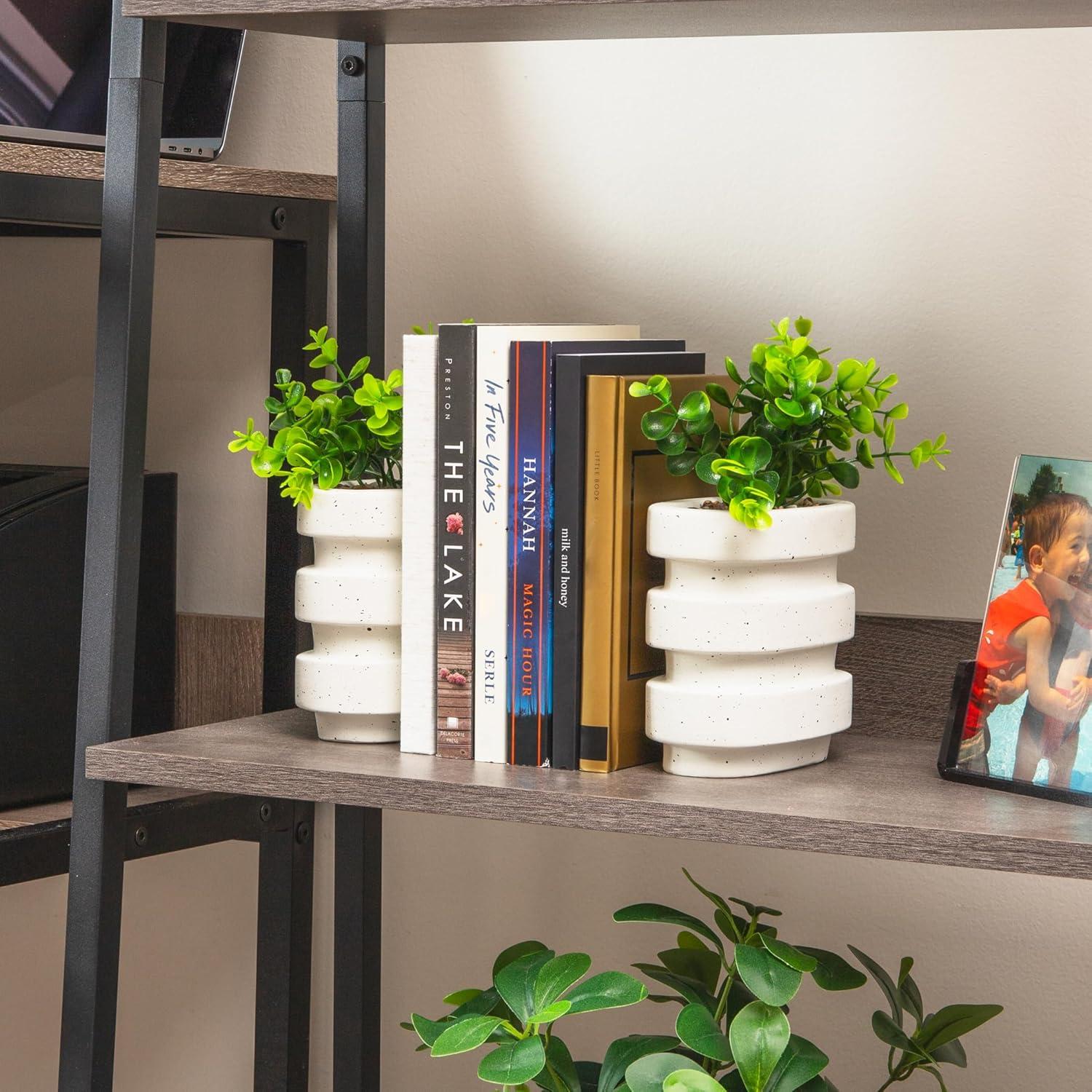 imageMind Reader Ribbed Cement Planter Bookends Faux Greenery for Shelves and Desk Decor Set of 2 White