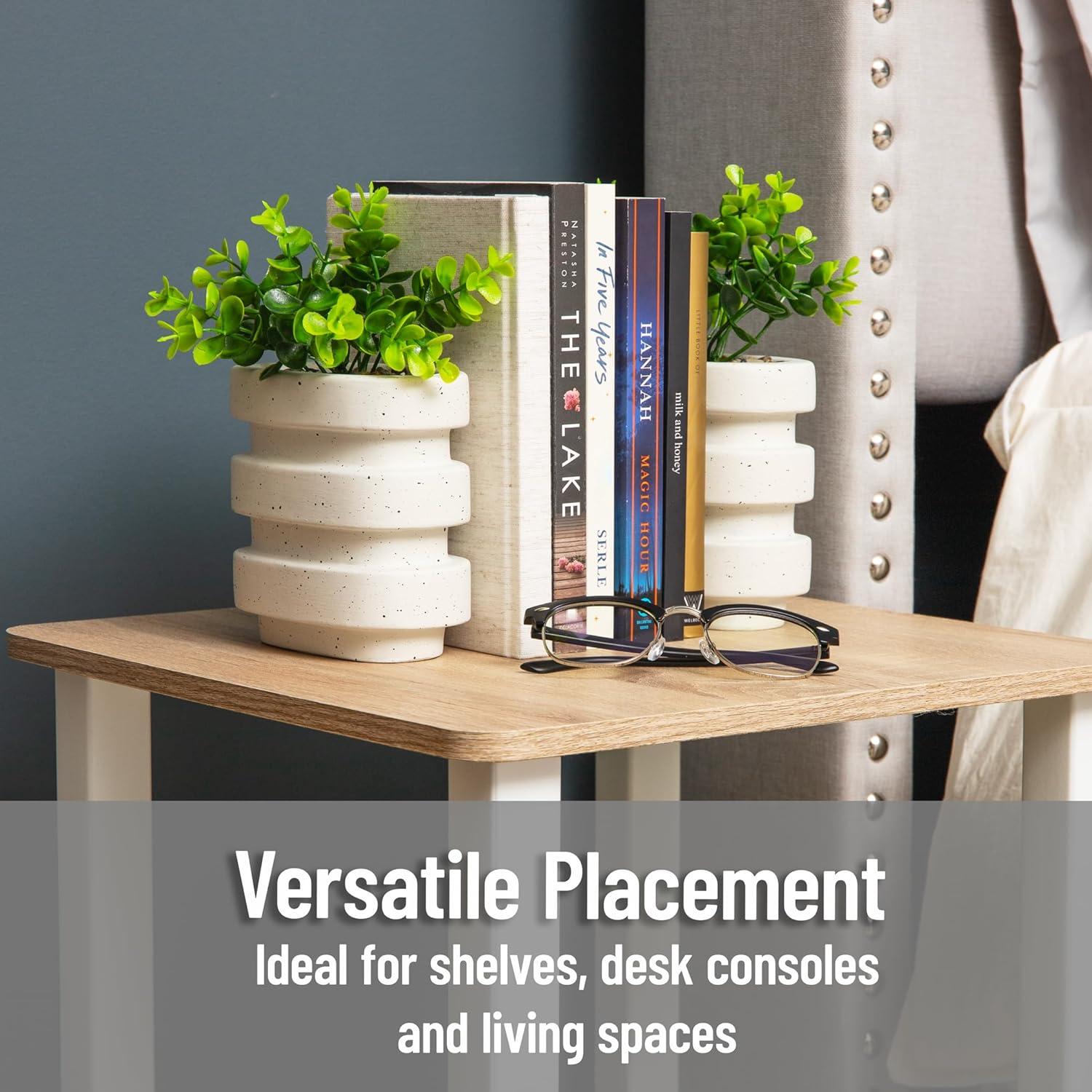 imageMind Reader Ribbed Cement Planter Bookends Faux Greenery for Shelves and Desk Decor Set of 2 White