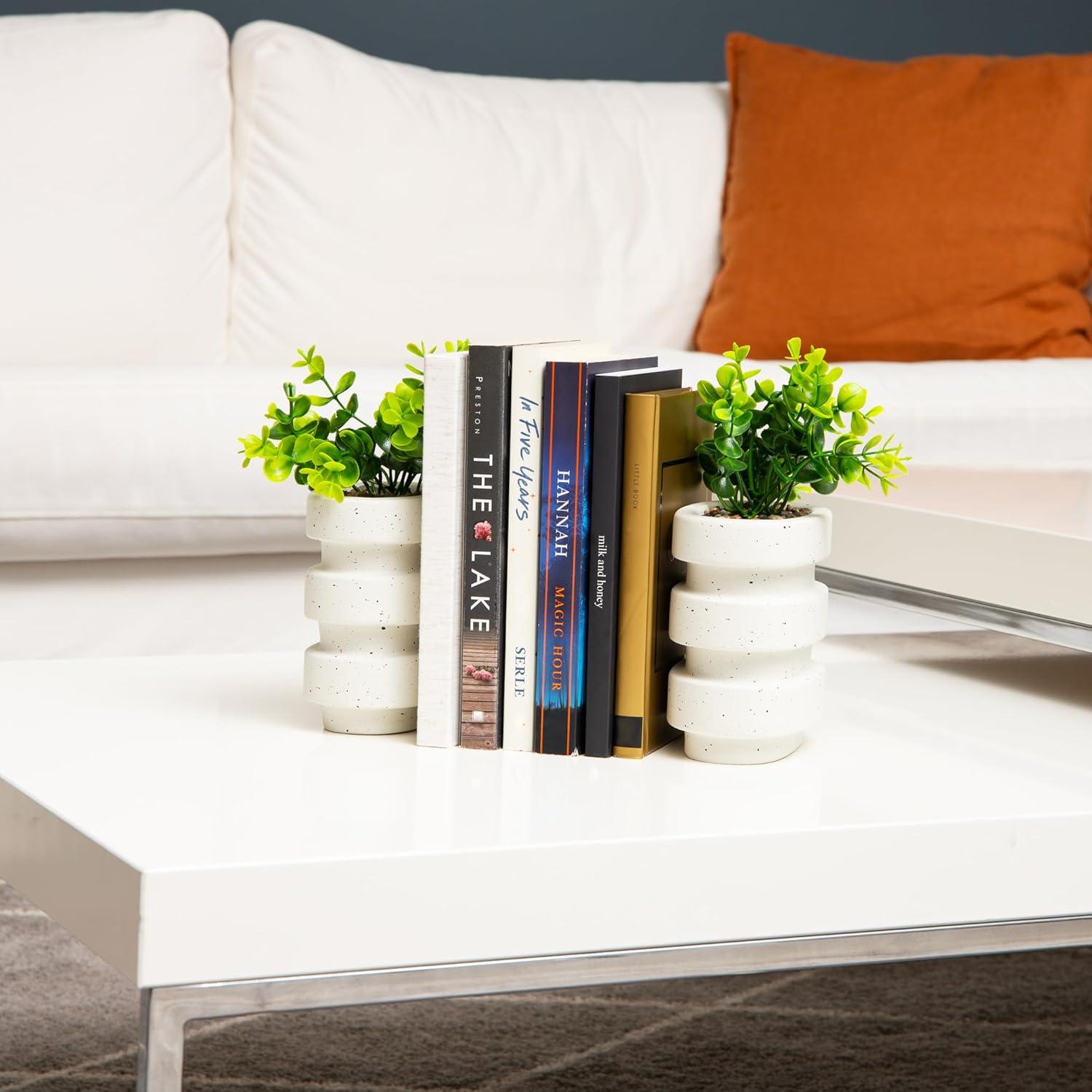 imageMind Reader Ribbed Cement Planter Bookends Faux Greenery for Shelves and Desk Decor Set of 2 White
