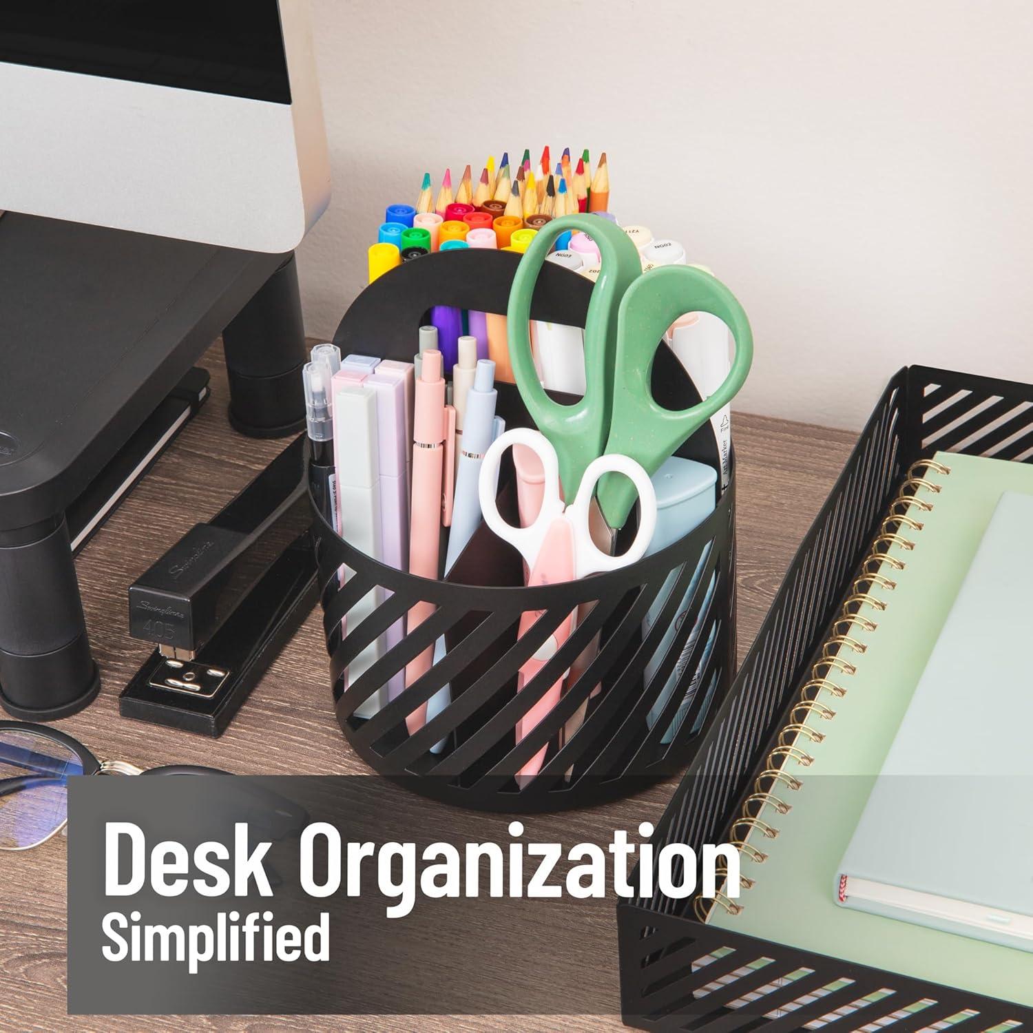 imageMind Reader Round Metal Desktop Carousel Organizer with Handle Four Compartments Office Supplies and Accessories Metal WhiteBlack