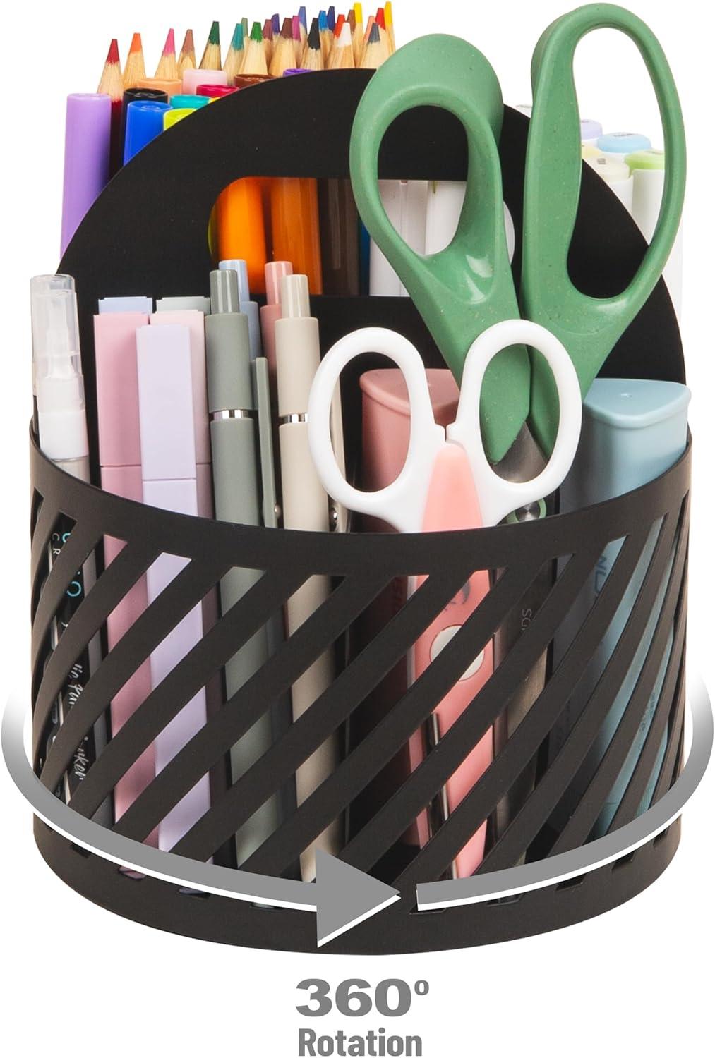 imageMind Reader Round Metal Desktop Carousel Organizer with Handle Four Compartments Office Supplies and Accessories Metal WhiteBlack