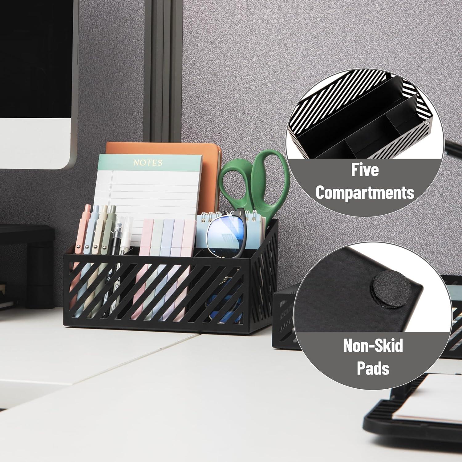 imageMind Reader Round Metal Desktop Carousel Organizer with Handle Four Compartments Office Supplies and Accessories Metal WhiteBlack