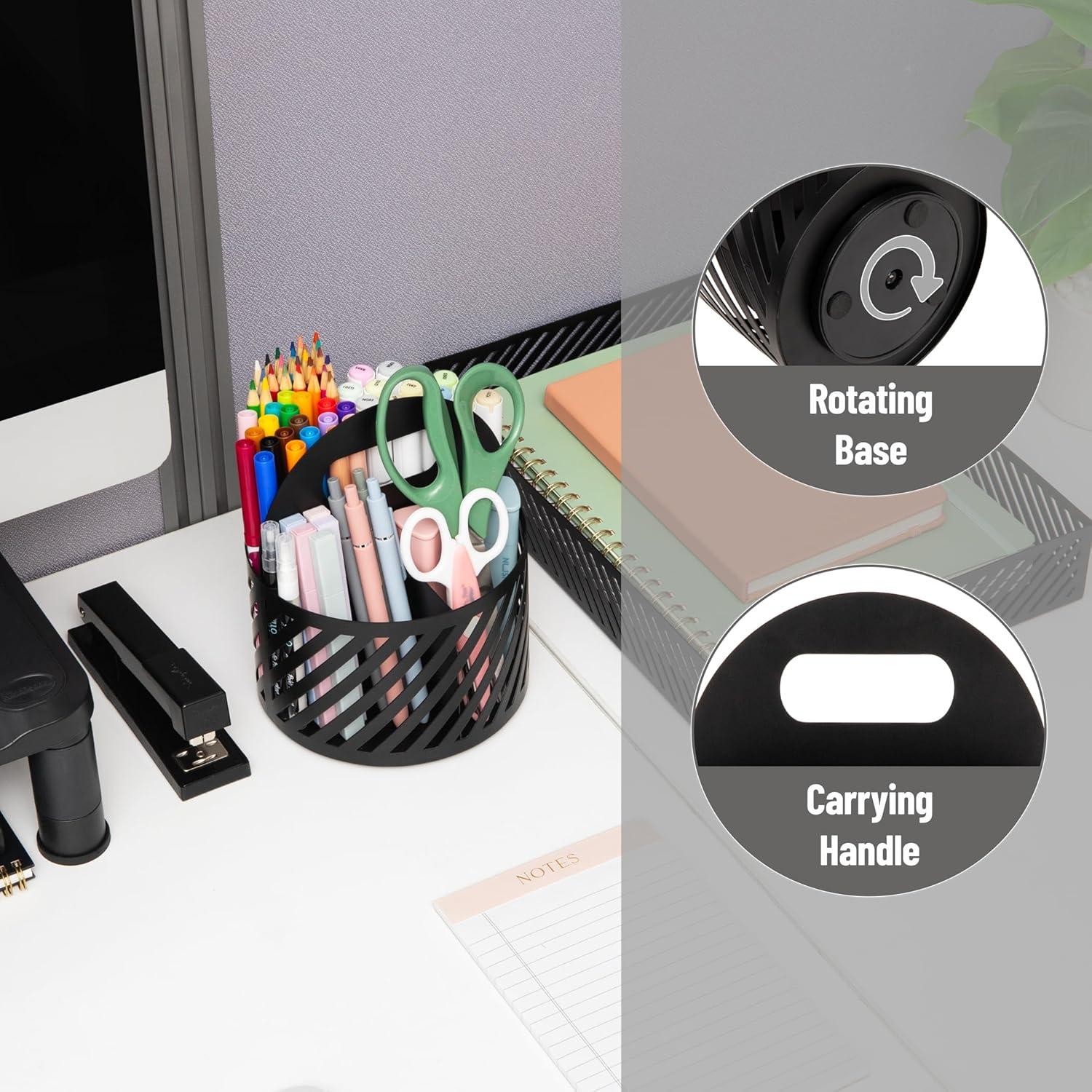 imageMind Reader Round Metal Desktop Carousel Organizer with Handle Four Compartments Office Supplies and Accessories Metal WhiteBlack