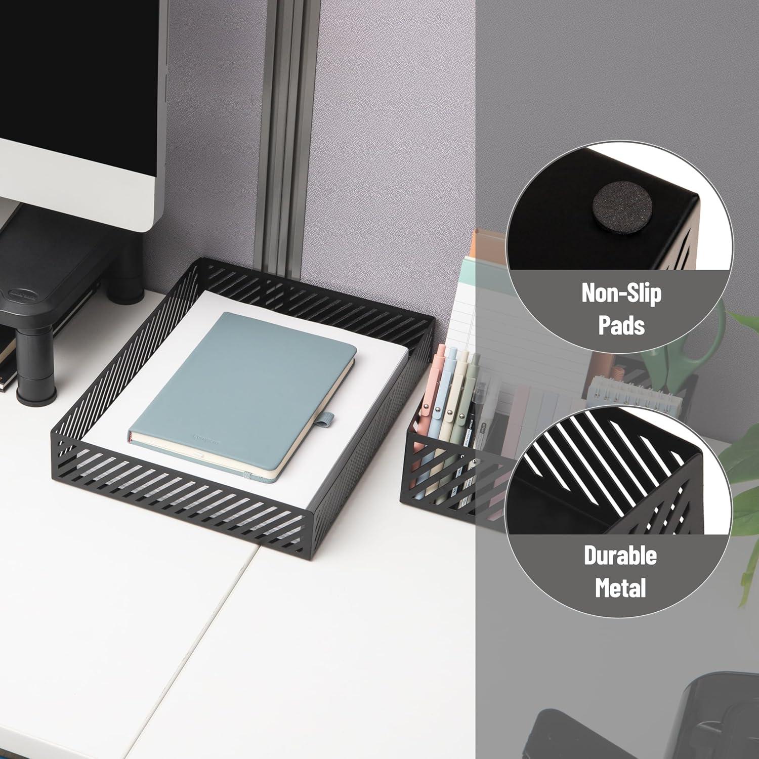 imageMind Reader Round Metal Desktop Carousel Organizer with Handle Four Compartments Office Supplies and Accessories Metal WhiteBlack