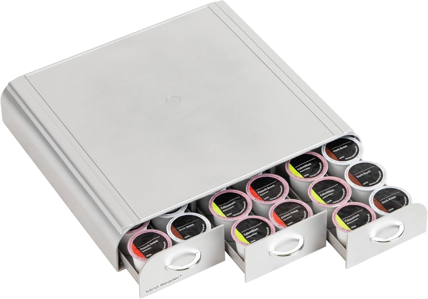 imageMind Reader Single Serve Coffee Pod Organizer with 3 Drawers 36 Pod Capacity Countertop 135L x 1225W x 25H GraySilver