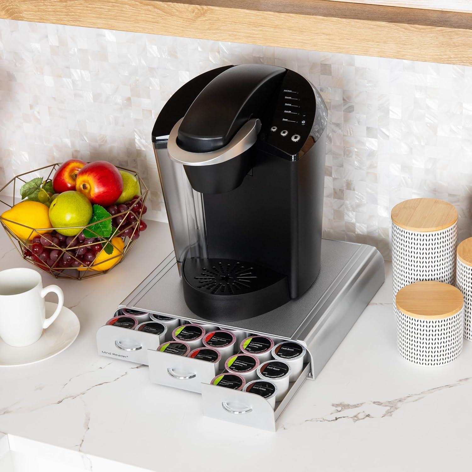 imageMind Reader Single Serve Coffee Pod Organizer with 3 Drawers 36 Pod Capacity Countertop 135L x 1225W x 25H GraySilver
