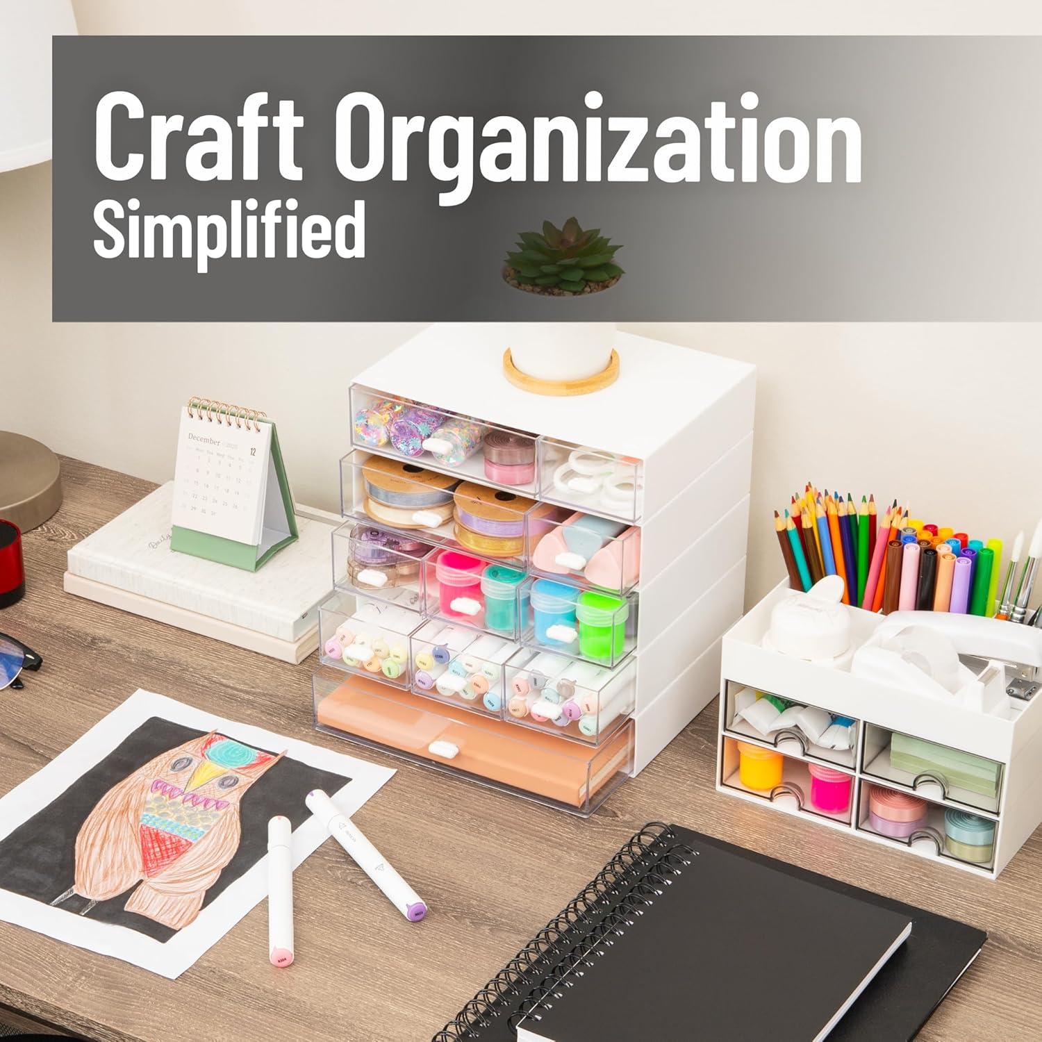 imageMind Reader Stackable Craft Organizer with Drawers Modular Storage Tower Interlocking Design for Art Supplies Office Supplies Sewing Beads Plastic Set of 5 White