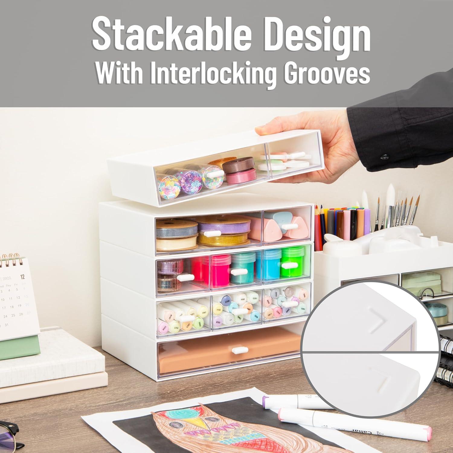 imageMind Reader Stackable Craft Organizer with Drawers Modular Storage Tower Interlocking Design for Art Supplies Office Supplies Sewing Beads Plastic Set of 5 White