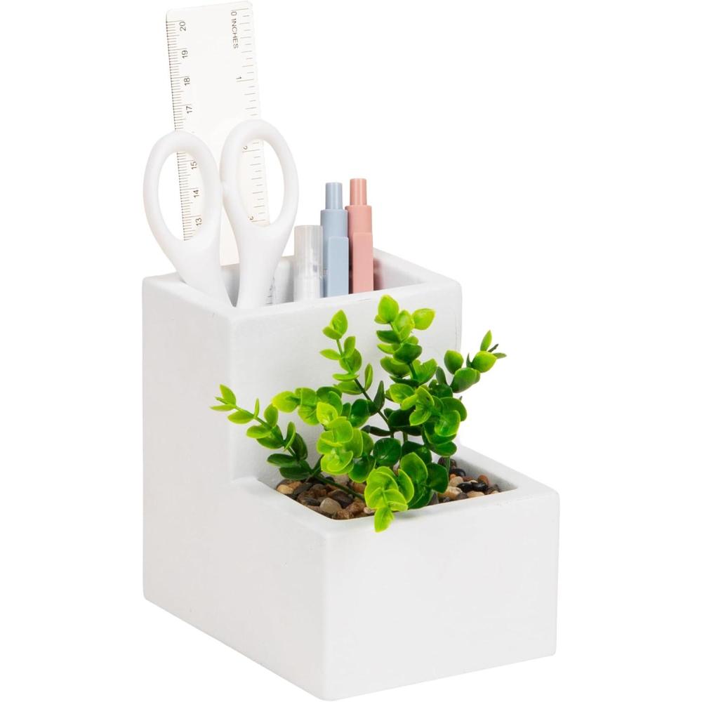imageMind Reader Ceramic Desktop Planter Pencil Cup Desk Organizer with Faux Succulent White