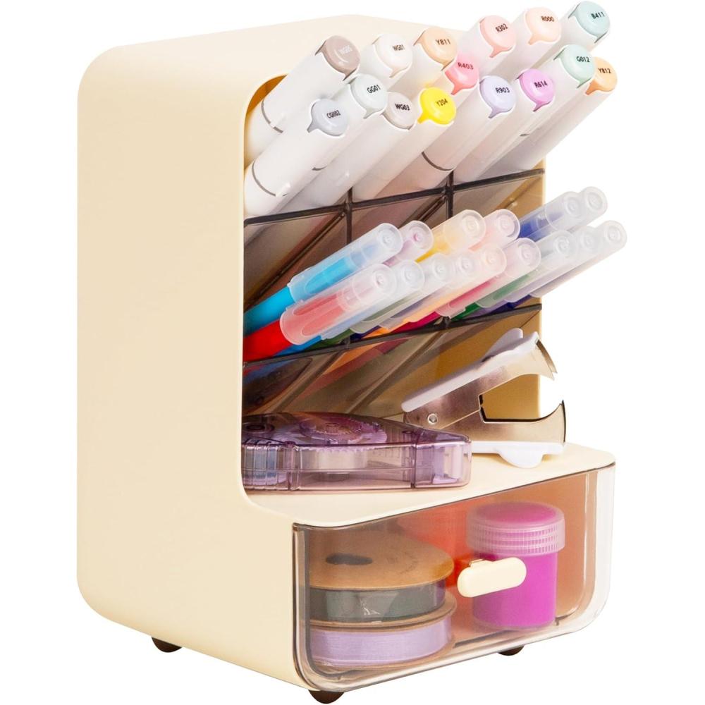 imageMind Reader Compact Craft Supply Organizer with Drawer 6 Slanted Compartments NonSkid Feet Desktop Storage for Markers Pens Tools amp Art Essentials Plastic White