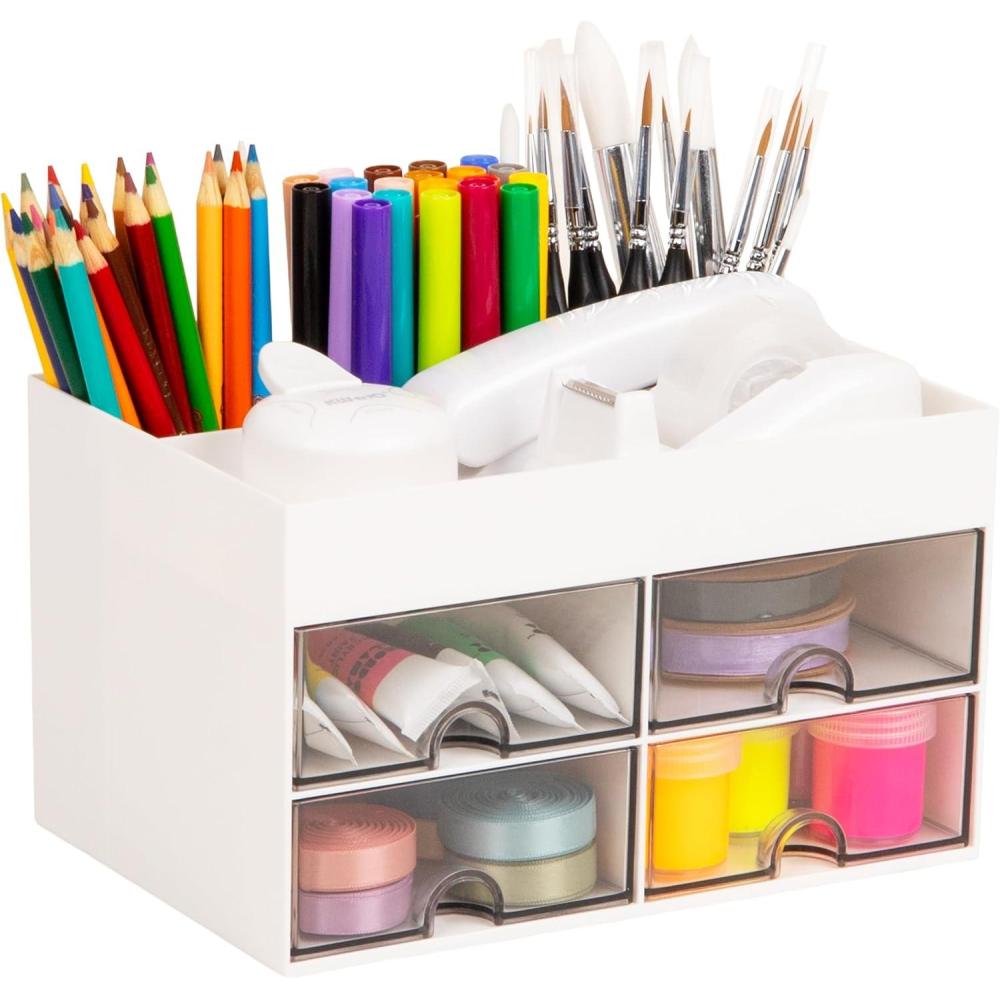 imageMind Reader Craft Supply Organizer with Top Tray and 4 Drawers Desktop Storage for Pens Scissors Tape Beads and Accessories Plastic White