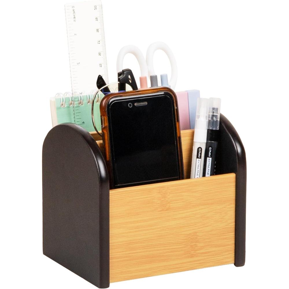 imageMind Reader Desktop Organizer with 3 Compartments Natural Wood and Matte Finish Sides Compact Desk Storage Wood WhiteBlack