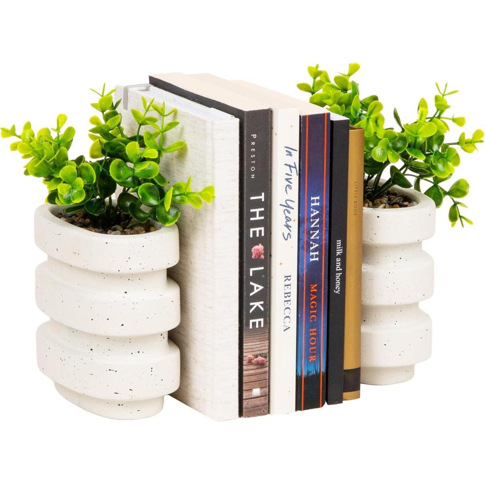 imageMind Reader Ribbed Cement Planter Bookends Faux Greenery for Shelves and Desk Decor Set of 2 White