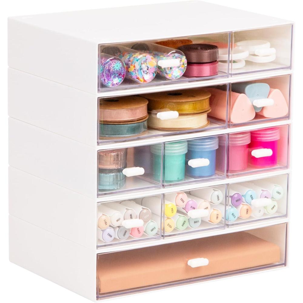 imageMind Reader Stackable Craft Organizer with Drawers Modular Storage Tower Interlocking Design for Art Supplies Office Supplies Sewing Beads Plastic Set of 5 White