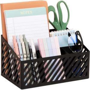 Mind Reader Round Metal Desktop Carousel Organizer with Handle, Four Compartments, Office Supplies and Accessories, Metal, White(Black)