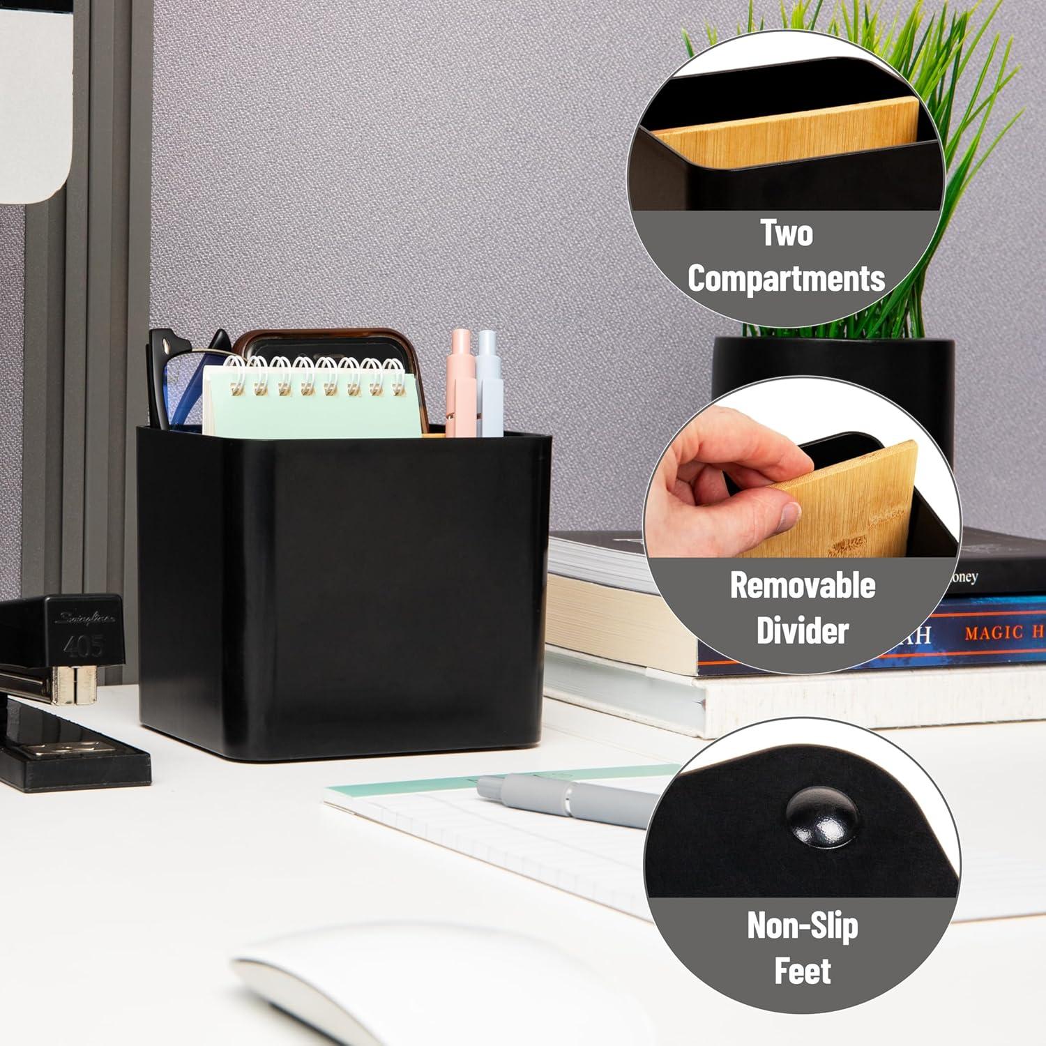 imageMind Reader 2Compartment Desktop Organizer Removable Wood Divider NonSlip Base Plastic and Wood BlackBlack