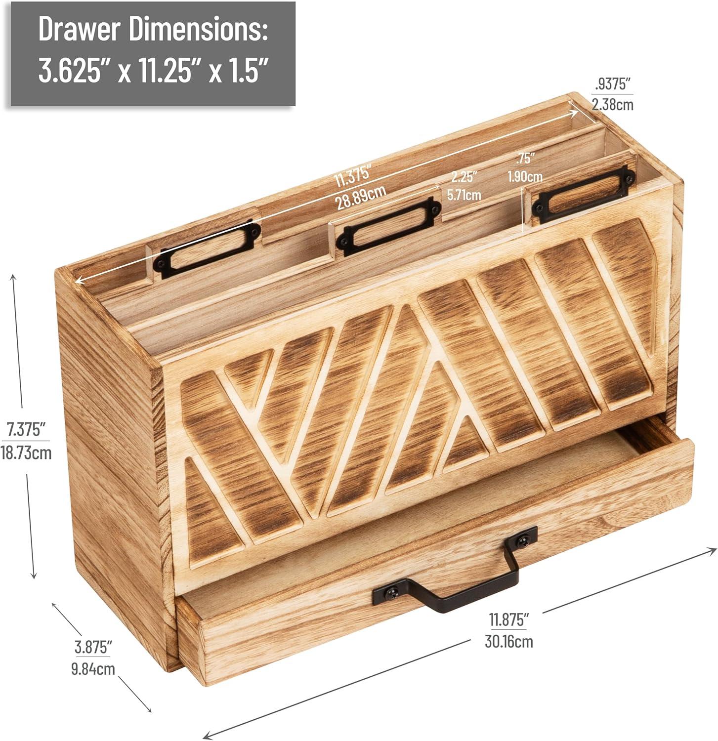 imageMind Reader Natural Wood Desktop Mail Organizer with Drawer 3Tier Letter Holder with Label Slots Office Desk Paper Sorter Brown