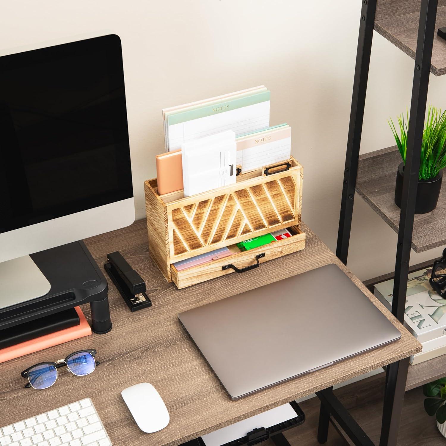 imageMind Reader Natural Wood Desktop Mail Organizer with Drawer 3Tier Letter Holder with Label Slots Office Desk Paper Sorter Brown