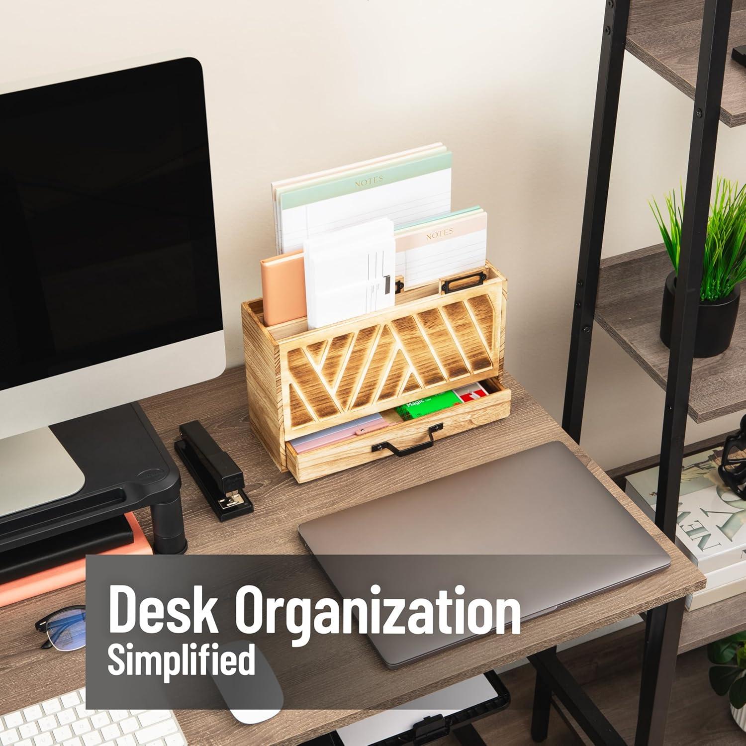 imageMind Reader Natural Wood Desktop Mail Organizer with Drawer 3Tier Letter Holder with Label Slots Office Desk Paper Sorter Brown