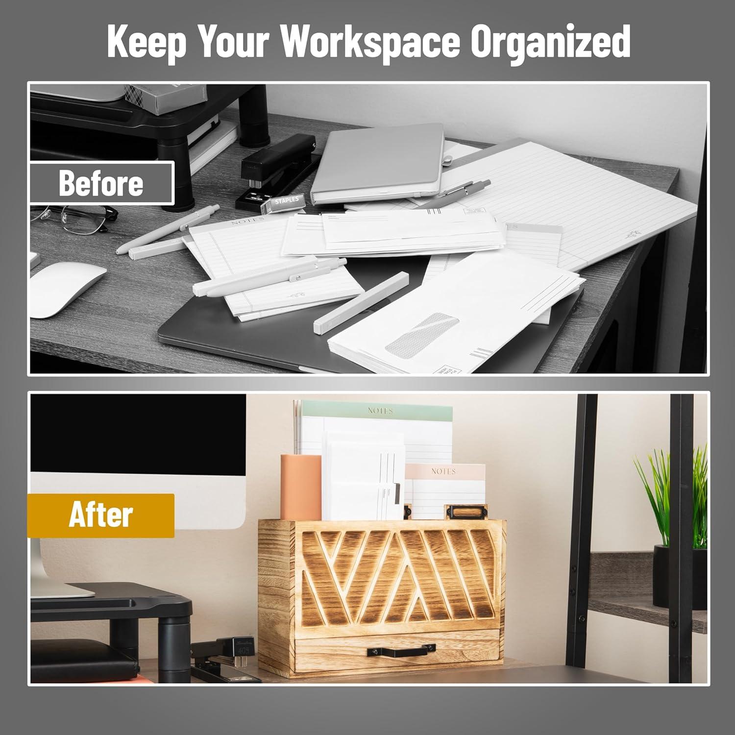 imageMind Reader Natural Wood Desktop Mail Organizer with Drawer 3Tier Letter Holder with Label Slots Office Desk Paper Sorter Brown