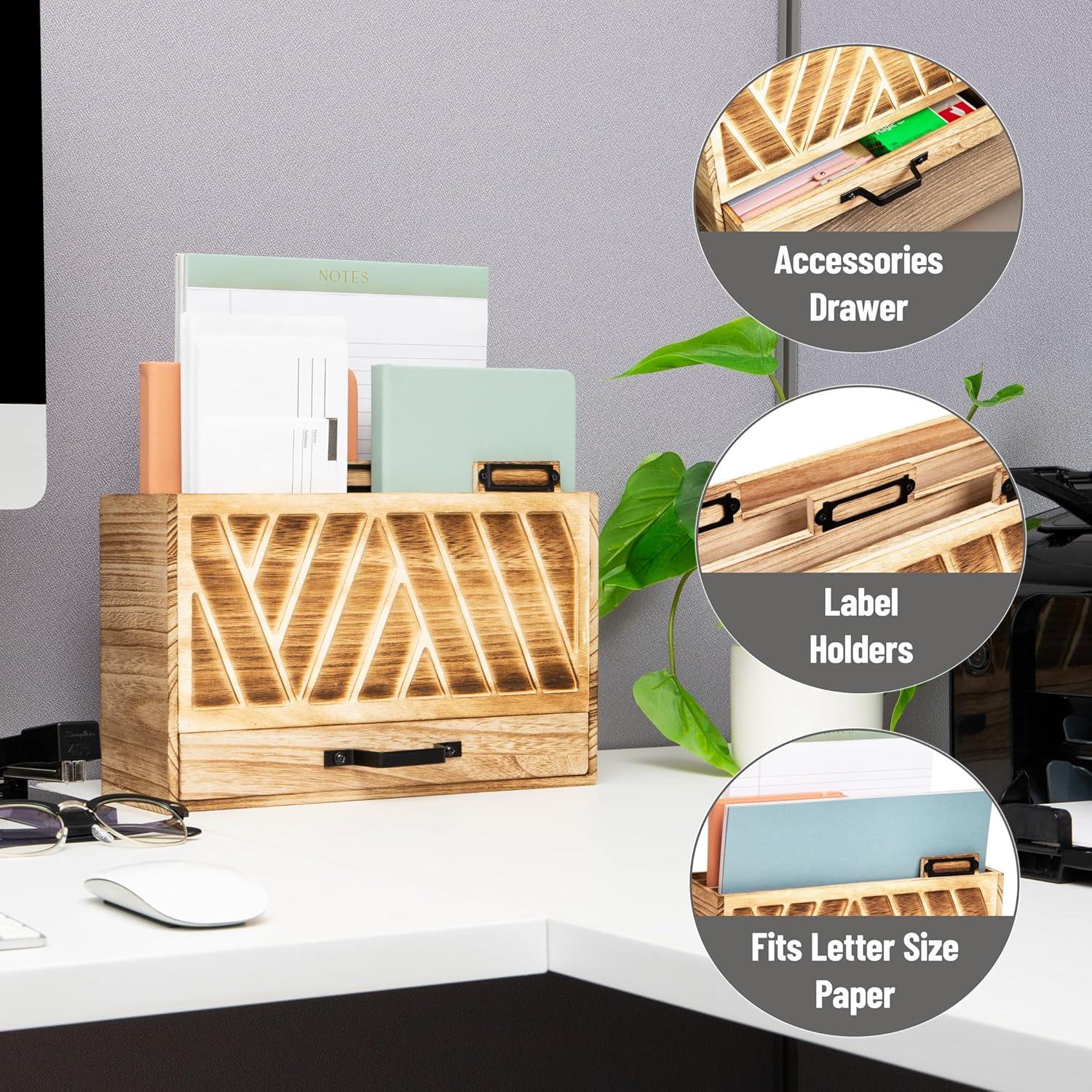 imageMind Reader Natural Wood Desktop Mail Organizer with Drawer 3Tier Letter Holder with Label Slots Office Desk Paper Sorter Brown