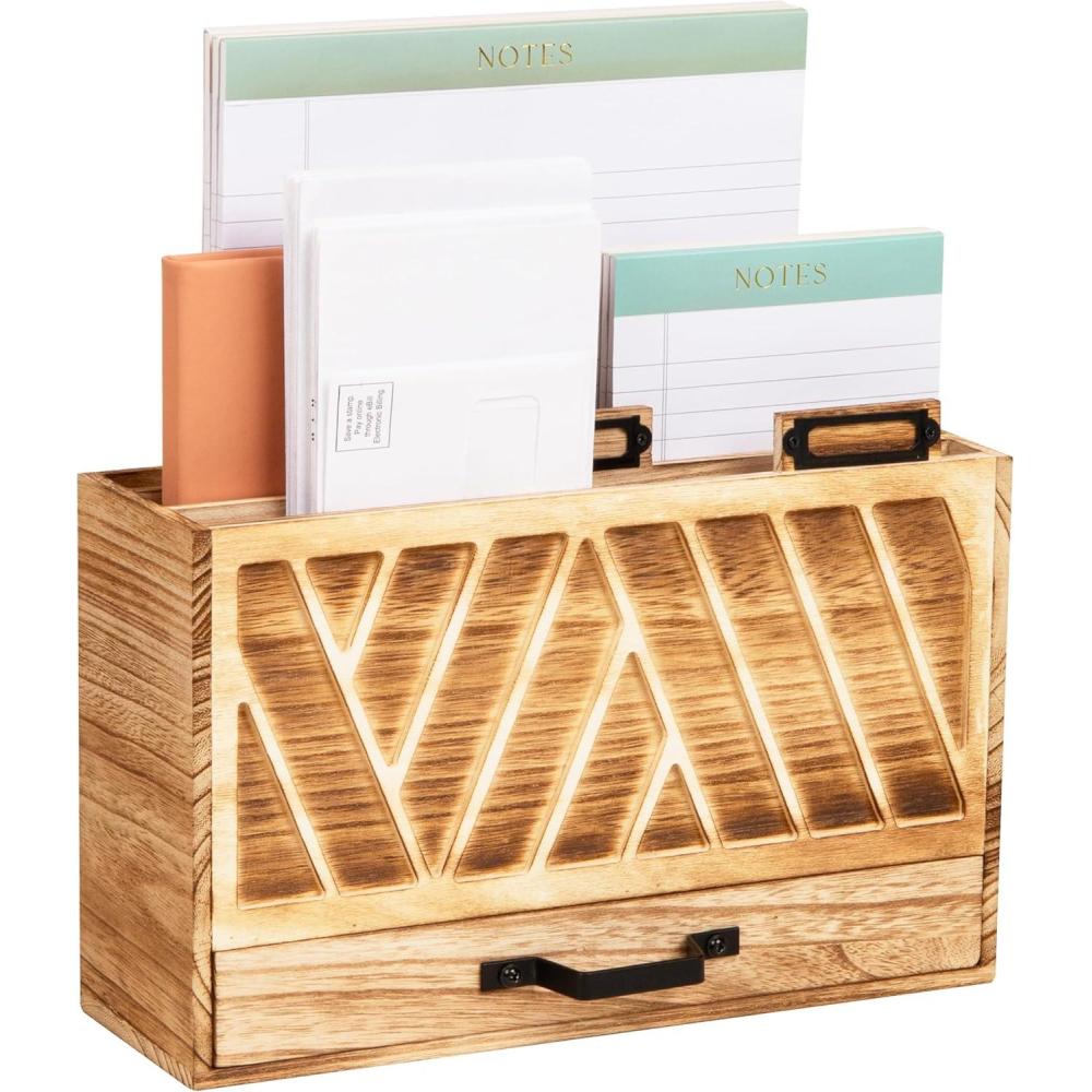 imageMind Reader Natural Wood Desktop Mail Organizer with Drawer 3Tier Letter Holder with Label Slots Office Desk Paper Sorter Brown