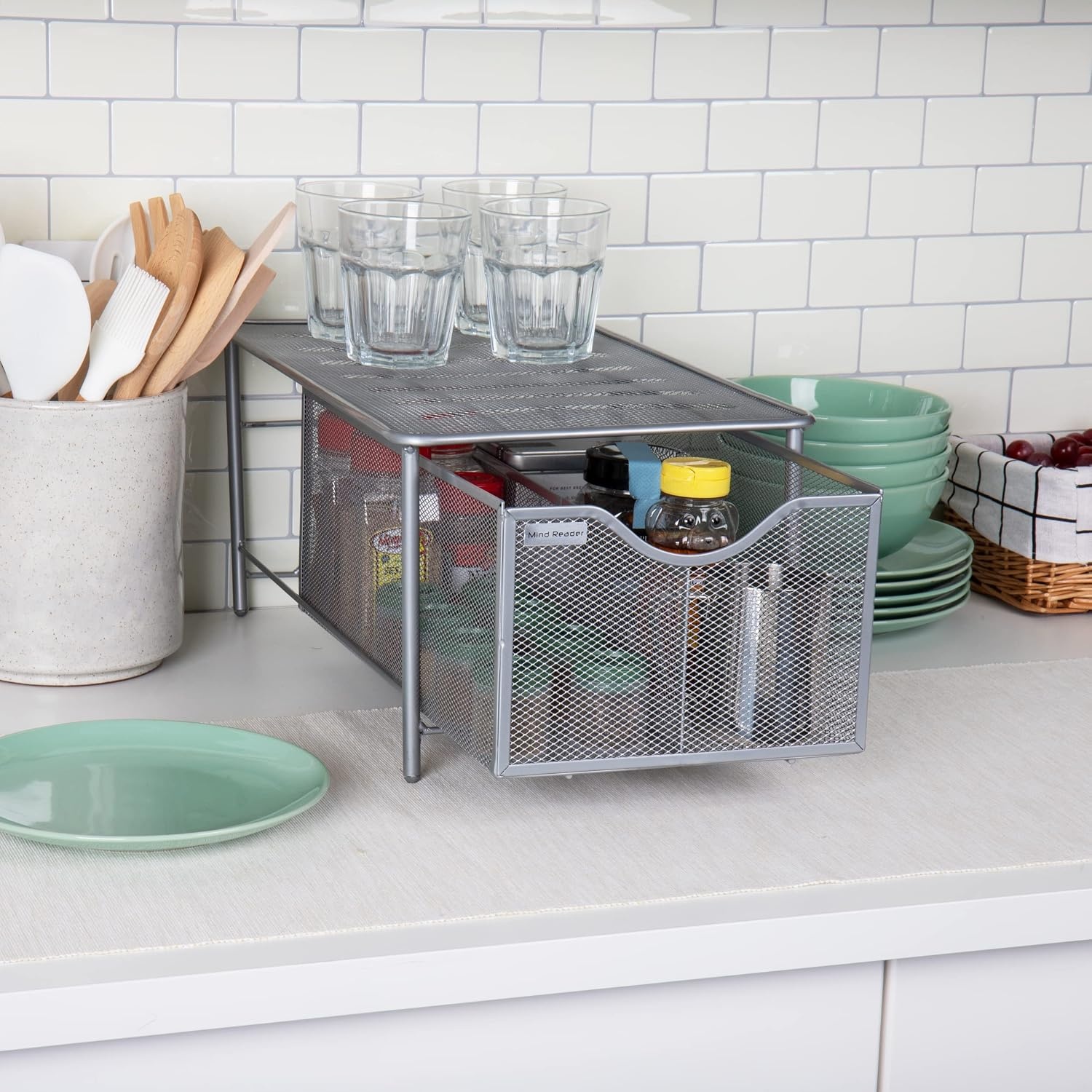 image:imageMind Reader Accessory Organizer Supply Storage Makeup Crafts Office Kitchen Metal Mesh 1025L x 1625W x 8H BlackSilver