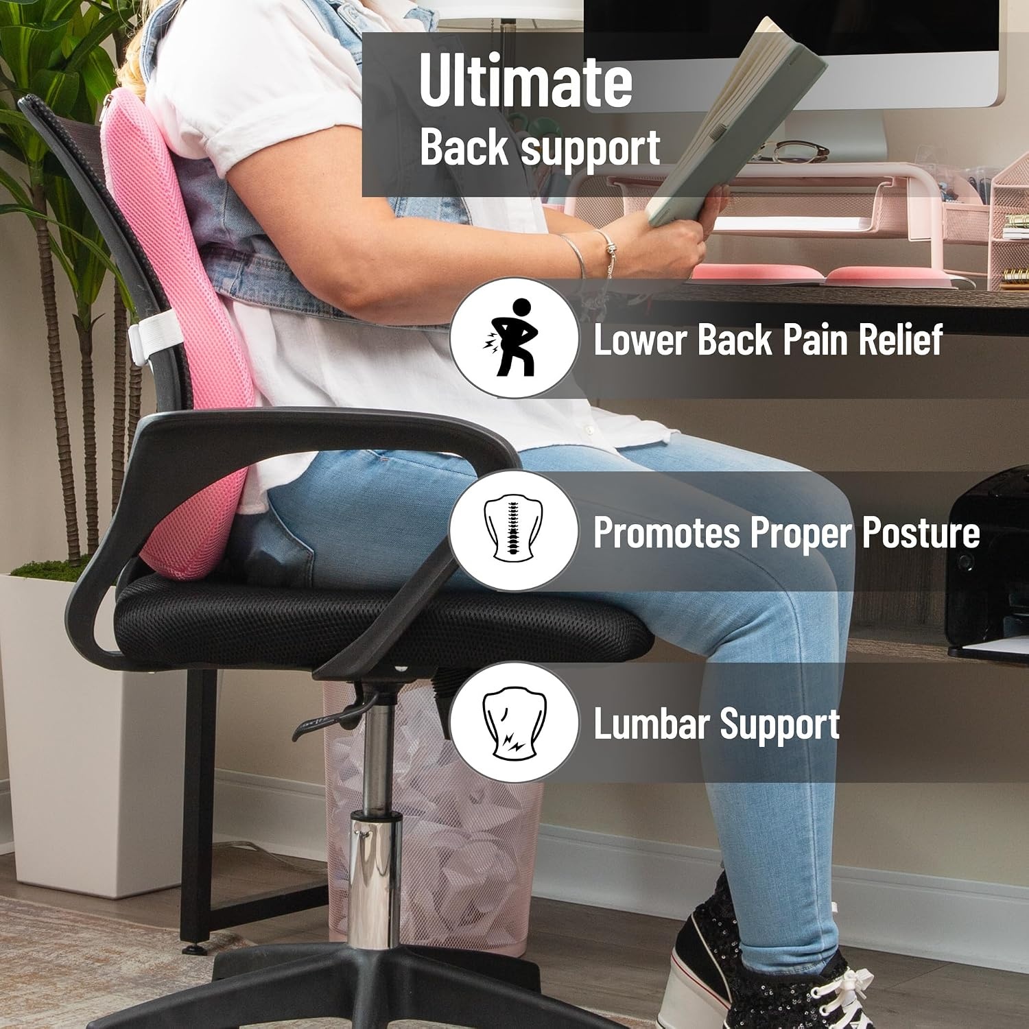 image:imageMind Reader AirCloud Lumbar Cushion Memory Foam Back Support Pillow for Lower Back Pain Relief Adjustable Strap Office Chair and Car Seat PinkPink
