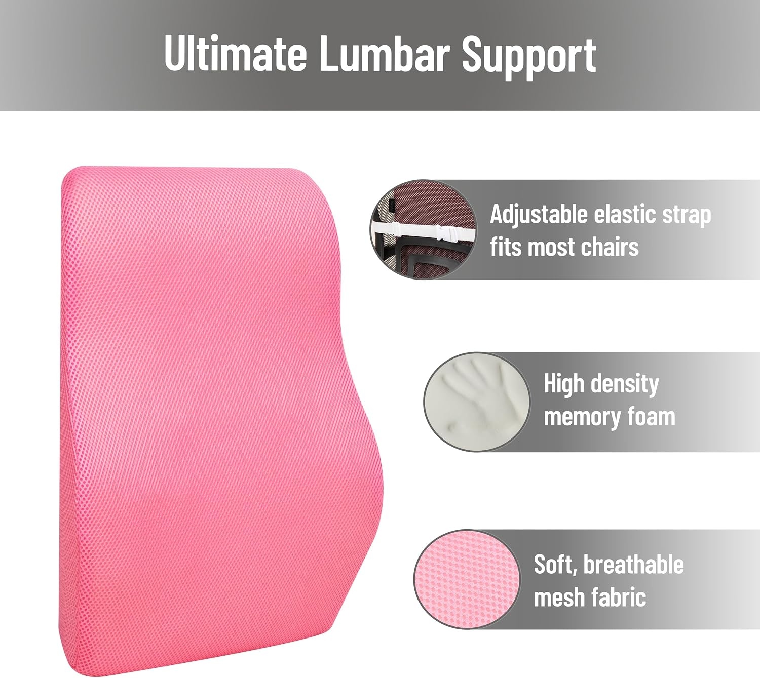 image:imageMind Reader AirCloud Lumbar Cushion Memory Foam Back Support Pillow for Lower Back Pain Relief Adjustable Strap Office Chair and Car Seat PinkPink