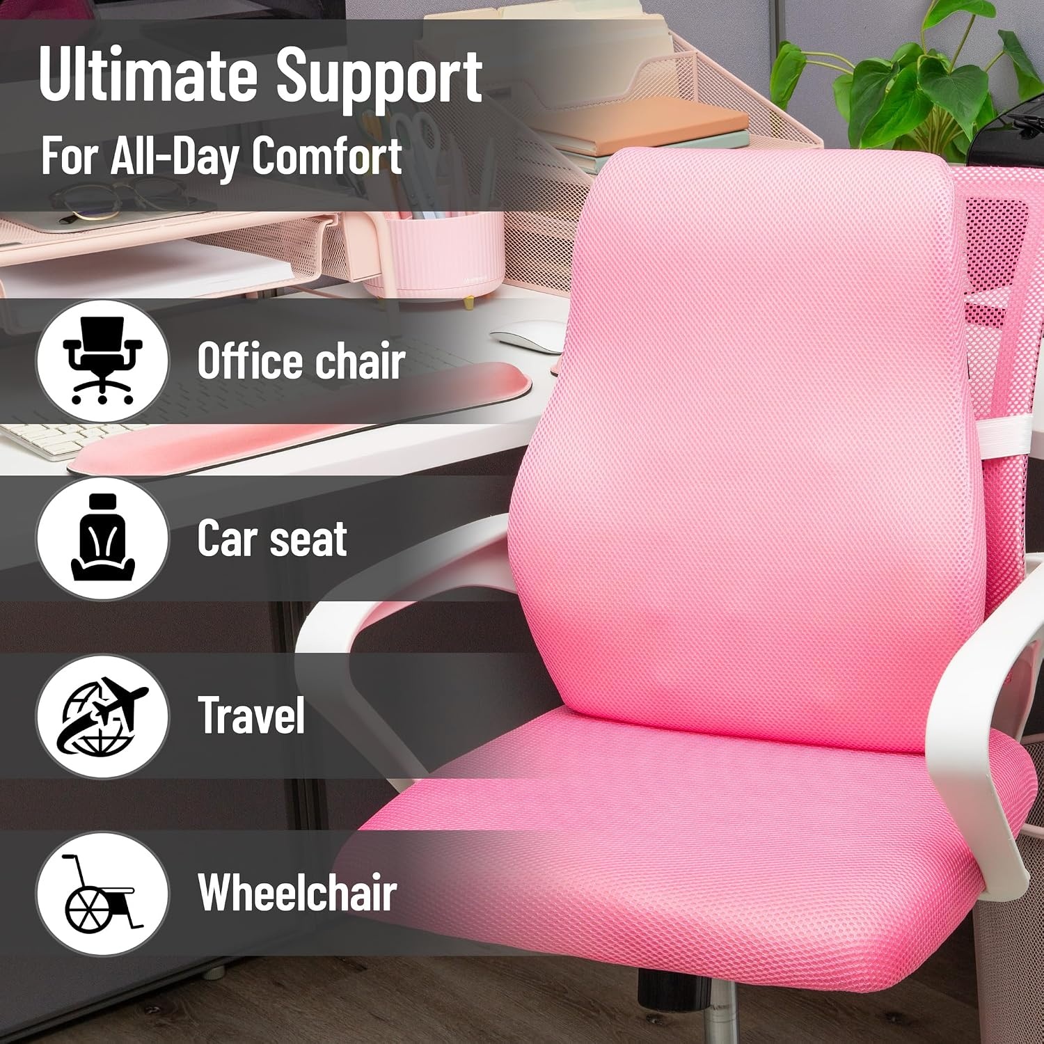 image:imageMind Reader AirCloud Lumbar Cushion Memory Foam Back Support Pillow for Lower Back Pain Relief Adjustable Strap Office Chair and Car Seat PinkPink