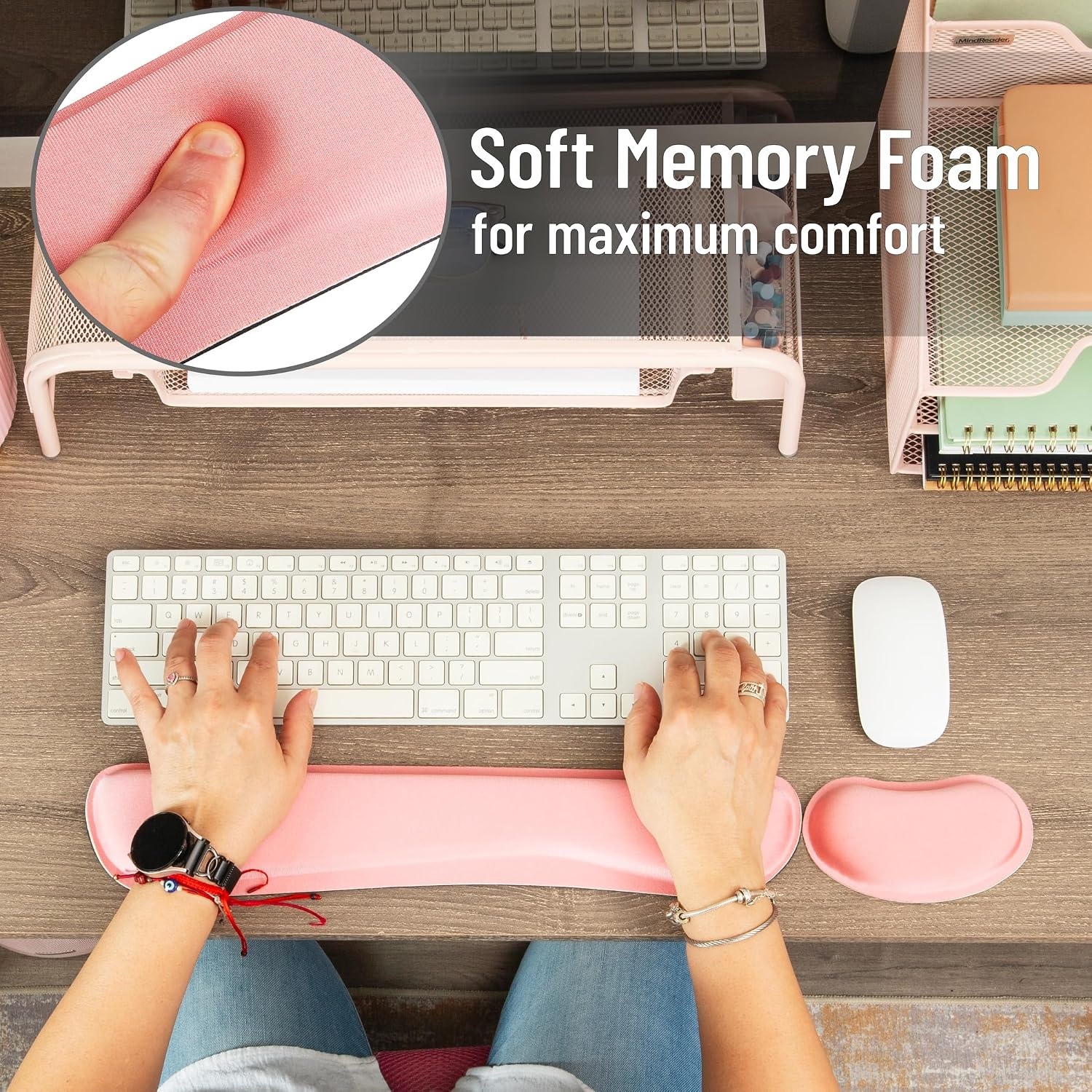 image:imageMind Reader Ergonomic Wrist Rest Set Keyboard and Mouse Support with Memory Foam NonSlip Base Office and Gaming PinkSingle Pink