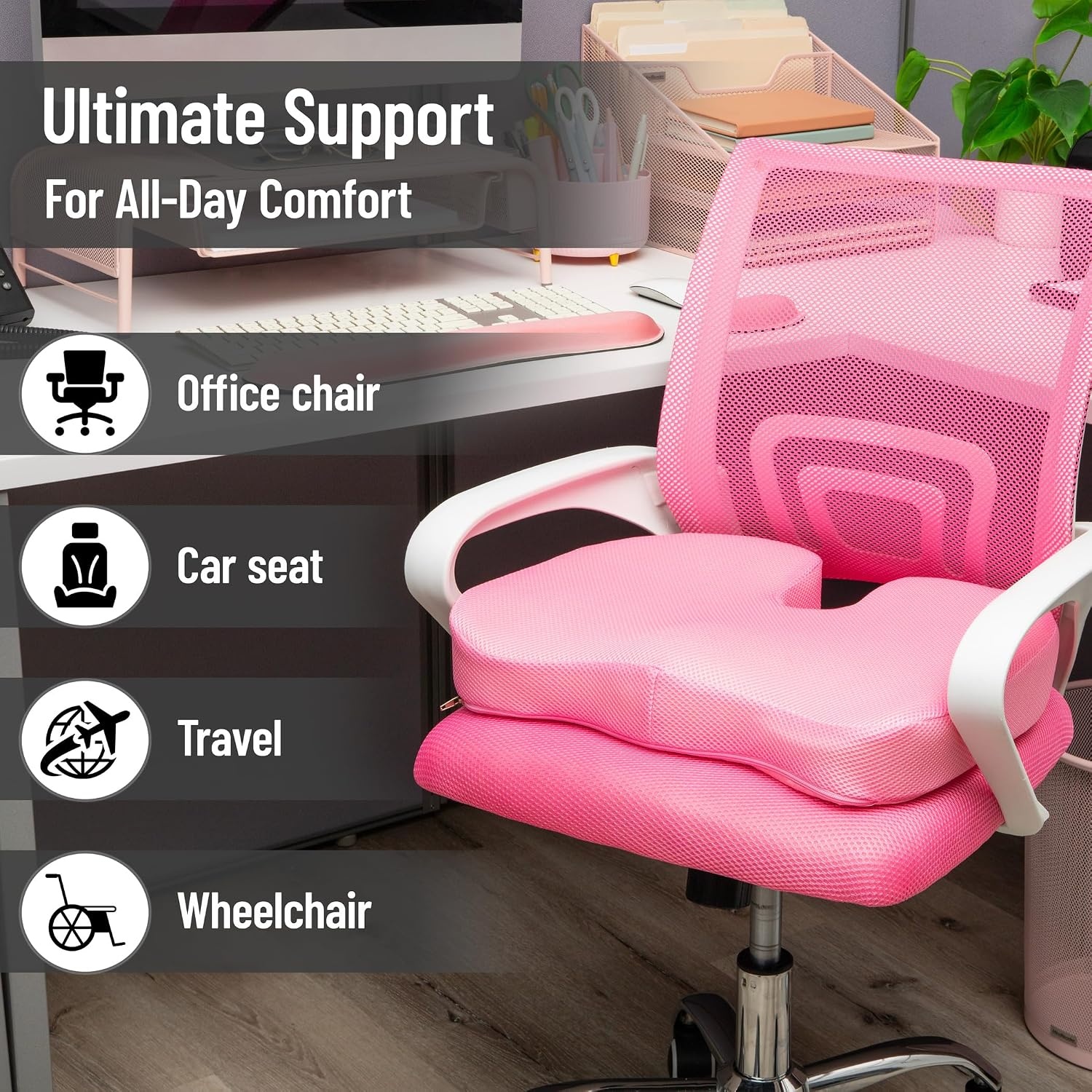 image:imageMind Reader Memory Foam Seat Cushion with AirCloud Technology Tailbone Cutout for Sciatica amp Coccyx Relief NonSlip Office Chair Cushion PinkPink