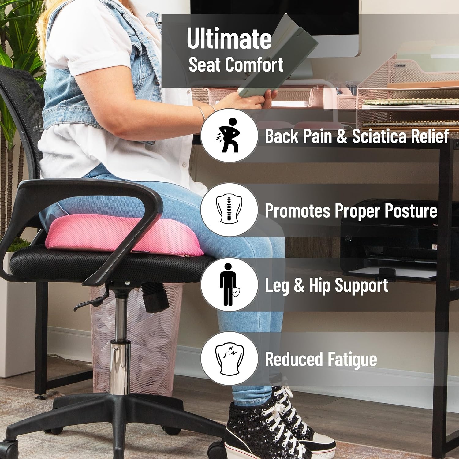 image:imageMind Reader Memory Foam Seat Cushion with AirCloud Technology Tailbone Cutout for Sciatica amp Coccyx Relief NonSlip Office Chair Cushion PinkPink