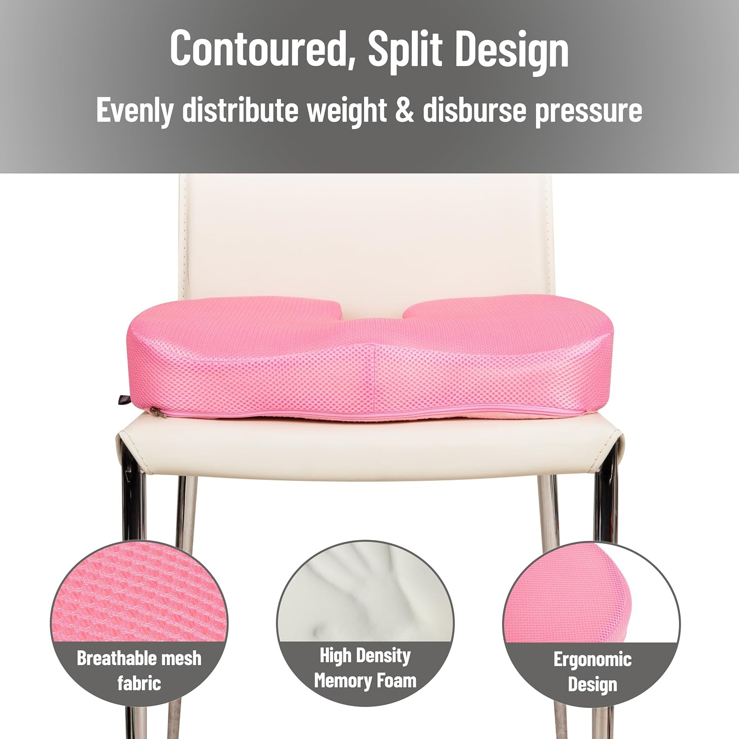 image:imageMind Reader Memory Foam Seat Cushion with AirCloud Technology Tailbone Cutout for Sciatica amp Coccyx Relief NonSlip Office Chair Cushion PinkPink