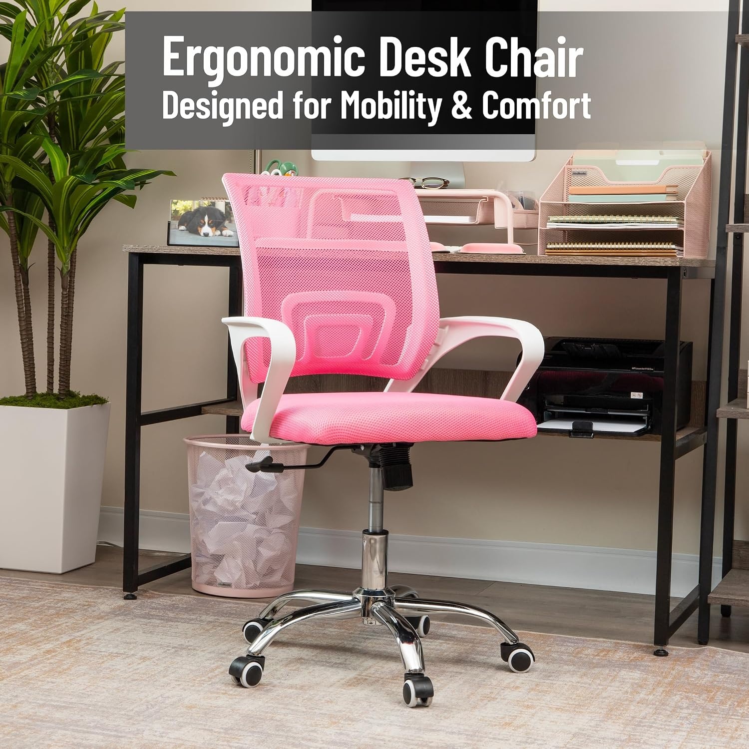 image:imageMind Reader Office Chair with Wheels Pink Height Adjustable Mesh Desk Chair Armrests Lumbar SupportPink