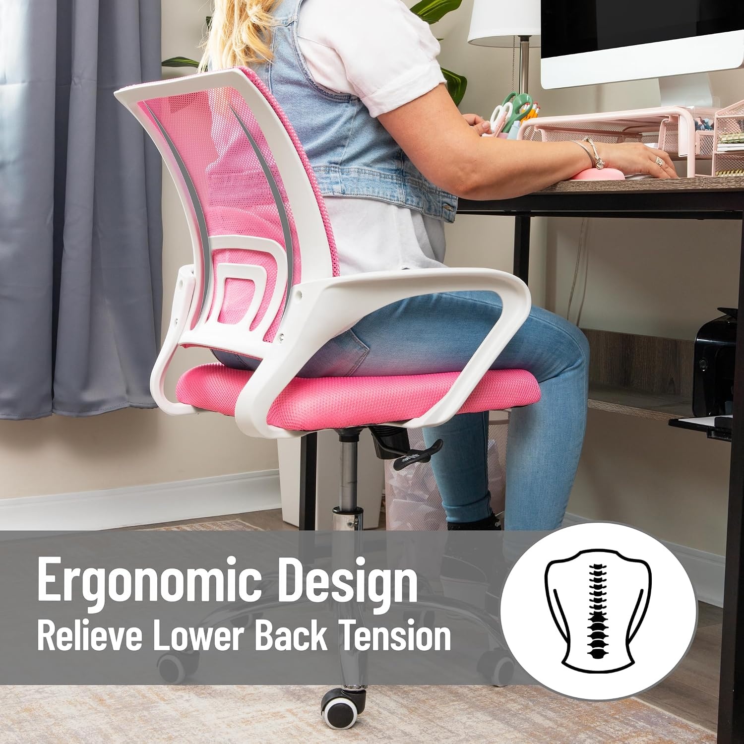 image:imageMind Reader Office Chair with Wheels Pink Height Adjustable Mesh Desk Chair Armrests Lumbar SupportPink